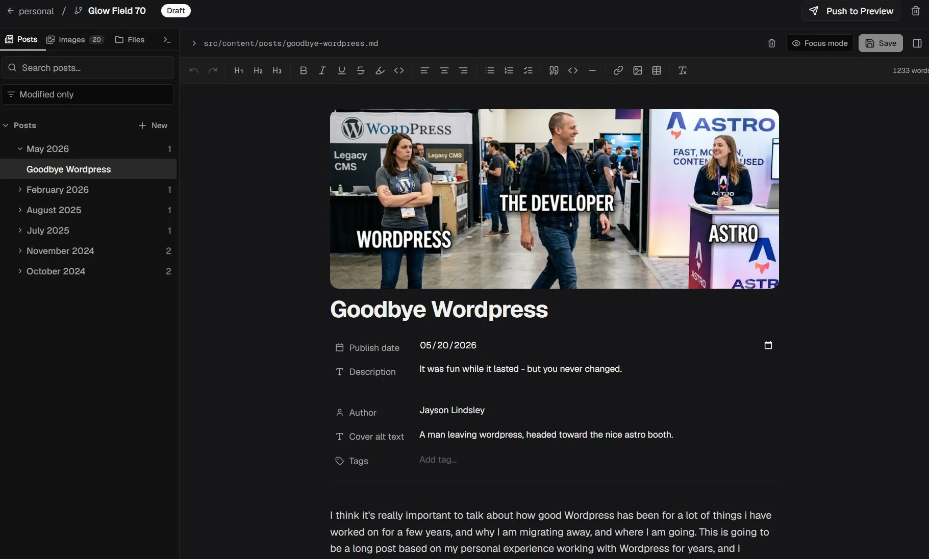 The Periapse CMS visual editor: a post open for editing with its collection sidebar, frontmatter fields, and a draft ready to push to preview.